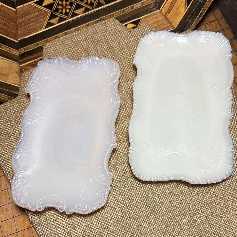 2 Milk Glass Dishes Scrolling Edge One Wirths Bros New York, One Unsigned 5”x3”